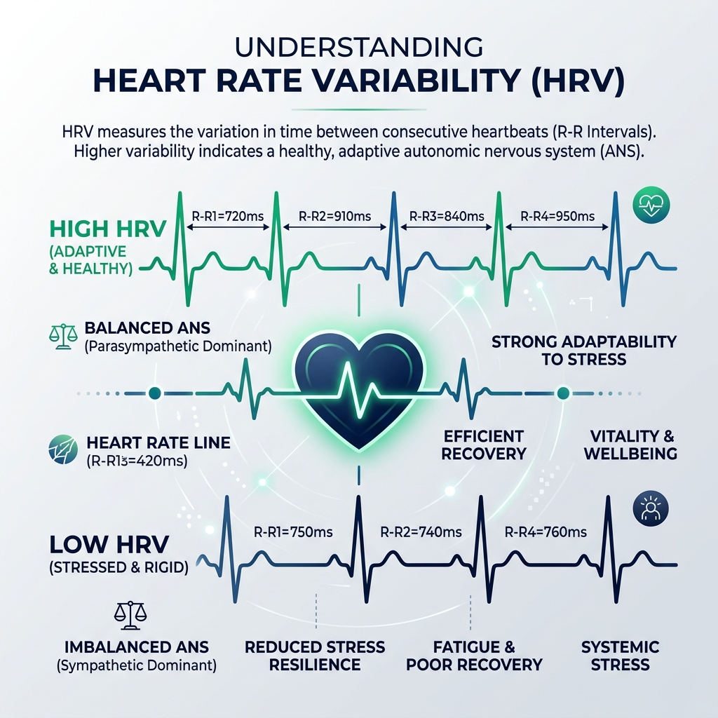 HRV（心拍変動）メカニズム図 — High HRV（副交感神経優位）とLow HRV（交感神経優位）の比較