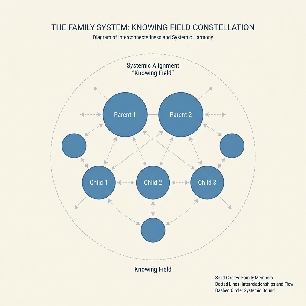 知る場（Knowing Field）の概念図 — 家族システム内の代理人配置と、見えない絡み合いの可視化