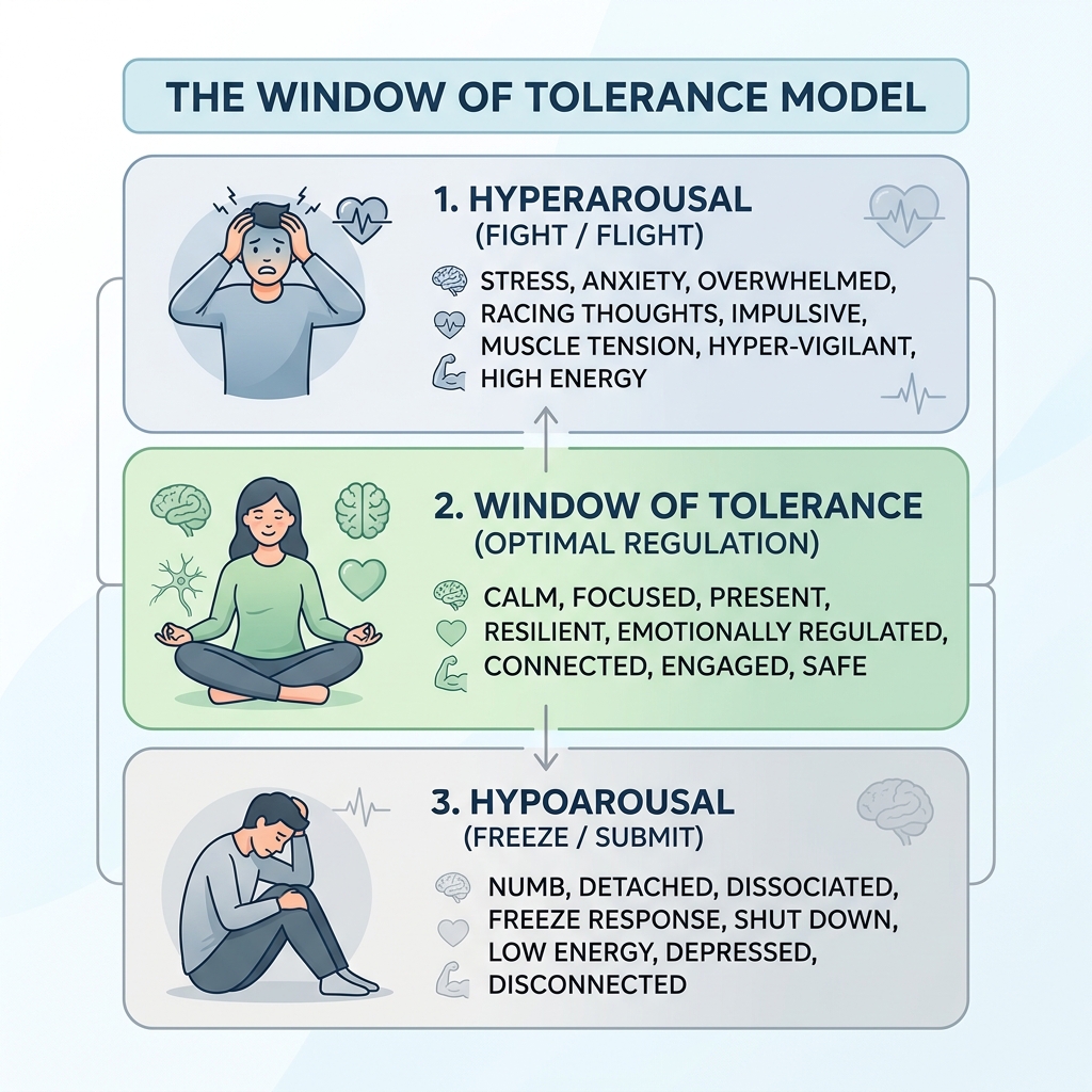耐性の窓（Window of Tolerance）モデル図 — 過覚醒・最適調整・低覚醒の3層構造と自律神経の状態